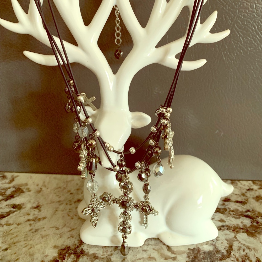 Black wire 3-tier necklace w/ cross pendants